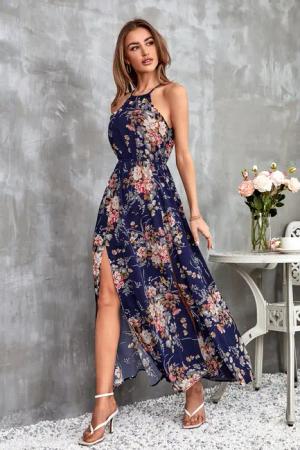 Neckholder Slip Kleid mit elastischer Taille und Blumendruck