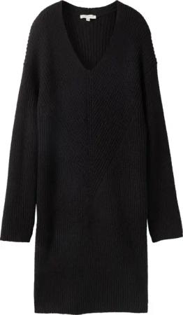 TOM TAILOR Damen Strickkleid mit V-Ausschnitt, schwarz, Uni, Gr. 42