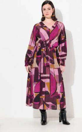 Ulla Popken Maxikleid Maxikleid A-Linie V-Ausschnitt Langarm Krepp