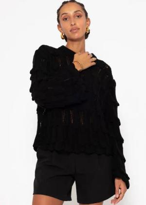 SASSYCLASSY Strickpullover Pullover Damen mit Strukturmuster Lässiger Rundhals Pullover Bequem und Stilvoll - Schwarz Beige