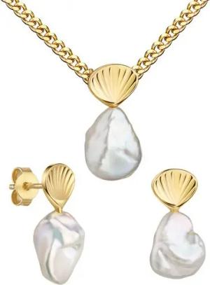 JEVELION Schmuckset Keshi Perle mit Goldmuschel Anhänger 2x Ohrstecker 750 Gold perle weiß (Goldanhänger + Gold-Ohrschmuck, für Damen und Mädchen), Mit Kette vergoldet- Länge wählbar 36 - 70 cm oder ohne Kette.