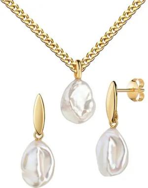 JEVELION Schmuckset Keshi Perle Anhänger + 2x Ohrstecker 585 Gold Süßwasser-perle weiß (Goldanhänger + Gold-Ohrschmuck, für Damen und Mädchen), Mit Kette vergoldet- Länge wählbar 36 - 70 cm oder ohne Kette.