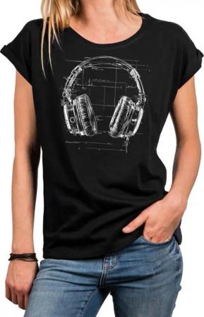 MAKAYA Print-Shirt Damen Kopfhörer Motiv Hipster Musik Top Hip Hop Outfit Cool (Schwarz, Blau, Grau, Grün, 34, 36, 38, 40, 42, 44, 46, 48, 50) Baumwolle