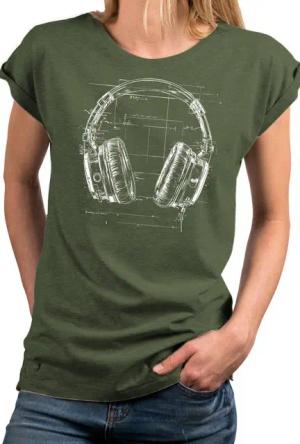 MAKAYA Print-Shirt Damen Kopfhörer Motiv Hipster Musik Top Hip Hop Outfit Cool (Schwarz, Blau, Grau, Grün, 34, 36, 38, 40, 42, 44, 46, 48, 50) Baumwolle
