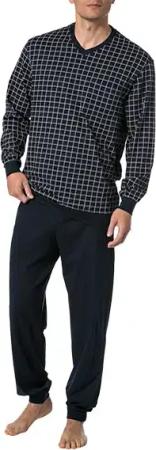 Schiesser Herren Pyjama blau Jersey-Baumwolle Kariert
