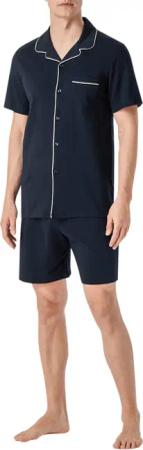 Schiesser Herren Pyjama blau Jersey-Baumwolle unifarben