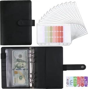 ZEUOPQ Konferenzmappe A6 Budgetordner Ringbuchmappe Geldkassette aus Kunstleder Schreibmappe (Multifunktionale Geld- / Dokumentenmappe mit 12 Reißverschlussfächern, 1-St), Kartenfächern und Budgetbögen für Haushalt, Büro und Reisen
