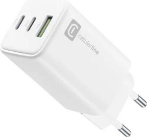 Cellularline 3 Port Multipower 65W Reiselader GaN White (60928) Ladegerät (USB-A + USB-Ladegerät