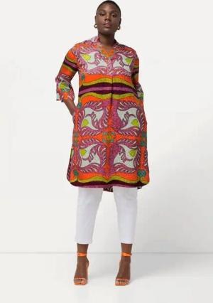 Ulla Popken Longbluse Longtunika Stehkragen Zierfalte 3/4-Arm