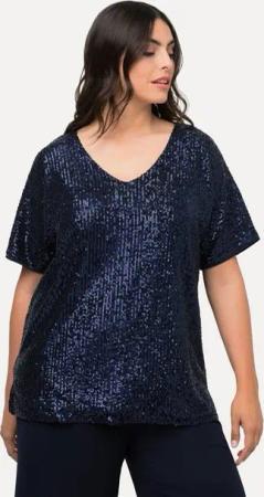 Ulla Popken T-Shirt Pailletten-Shirt Oversized V-Ausschnitt Halbarm
