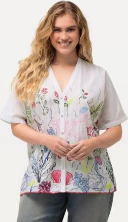Ulla Popken Druckbluse Bluse Stickerei Oversized V-Ausschnitt Halbarm