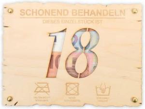 Kreative Feder Glückwunschkarte 3D Glückwunsch-Karte „Schonend behandeln“ aus Holz zum Geburtstag, DIY Holzkarte für Geldgeschenke, Größe ca. 14,6 x 19,7cm