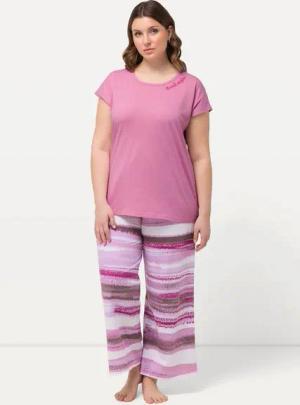 Ulla Popken Pyjama Pyjama Streifen Stickerei Rundhals Halbarm
