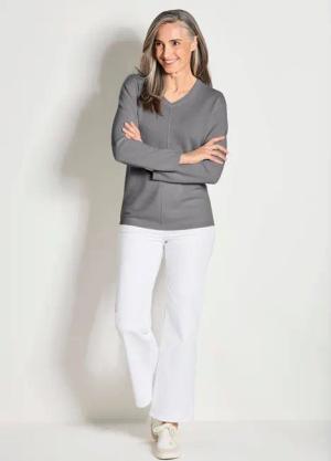 Kaschmirpullover mit V-Ausschnitt - grau / melange - Gr. 54 von Goldner Fashion