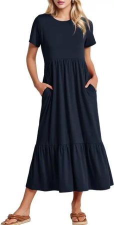 LUCKZON Sommerkleid Damen Sommerkleider Casual Kurzarm, Lange Kleider, Flowy Gestuft Maxikleid mit Taschen