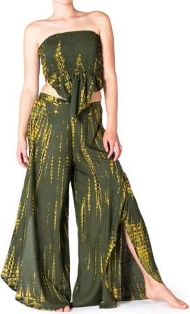 PANASIAM Tunikakleid Zweiteiler Set Bandeu-Top & Plisseehose mit Schlitz aus 100% Viskose Sexy Damenmode Bohokleid Sommerkleid Crop-Top Hosenkleid Maxikleid
