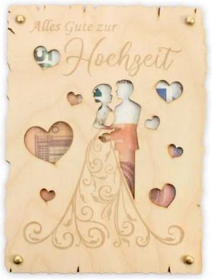 Kreative Feder Glückwunschkarte „Alles Gute zur Hochzeit“ - Glückwunsch-Karte aus Holz, Geschenk-Karte für Geldgeschenke, Größe ca.: 14,6 x 19,7cm