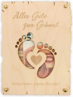 Kreative Feder Glückwunschkarte „Alles Gute zur Geburt“ - Glückwunsch-Karte aus Holz, Geschenk-Karte für Geldgeschenke, Größe ca.: 14,6 x 19,7cm
