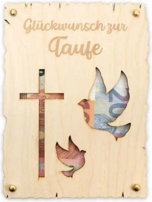 Kreative Feder Glückwunschkarte „Glückwunsch zur Taufe“ - Glückwunsch-Karte aus Holz, Geschenk-Karte für Geldgeschenke, Größe ca.: 14,6 x 19,7cm