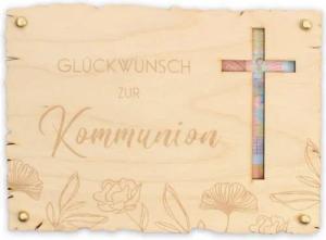 Kreative Feder Glückwunschkarte „Glückwunsch zur Kommunion“ - Glückwunsch-Karte aus Holz, Geschenk-Karte für Geldgeschenke, Größe ca.: 14,6 x 19,7cm