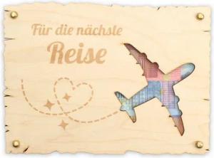 Kreative Feder Glückwunschkarte „Für die nächste Reise“ - Glückwunsch-Karte aus Holz für Abenteuer, Geschenk-Karte für Geldgeschenke, Größe ca.: 14,6 x 19,7cm