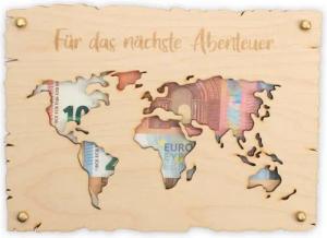 Kreative Feder Glückwunschkarte „Für die nächste Reise“ - Glückwunsch-Karte aus Holz für Abenteuer, Geschenk-Karte für Geldgeschenke, Größe ca.: 14,6 x 19,7cm