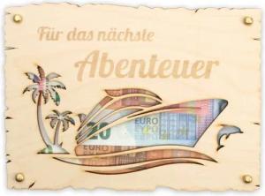 Kreative Feder Glückwunschkarte „Für die nächste Reise“ - Glückwunsch-Karte aus Holz für Abenteuer, Geschenk-Karte für Geldgeschenke, Größe ca.: 14,6 x 19,7cm