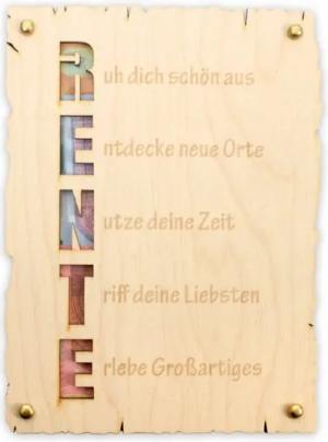 Kreative Feder Glückwunschkarte „Rente“ - Glückwunsch-Karte aus Holz zum Ruhestand, Geschenk-Karte für Geldgeschenke, Größe ca.: 14,6 x 19,7cm