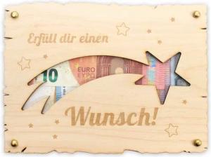 Kreative Feder Glückwunschkarte „Erfüll dir einen Wunsch“ - Glückwunsch-Karte aus Holz, Geschenk-Karte für Geldgeschenke, Größe ca.: 14,6 x 19,7cm