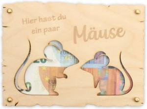 Kreative Feder Glückwunschkarte „Ein paar Mäuse“ - Glückwunsch-Karte aus Holz für alle Anlässe, Geschenk-Karte für Geldgeschenke, Größe ca.: 14,6 x 19,7cm