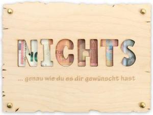 Kreative Feder Glückwunschkarte „Nichts“ - Glückwunsch-Karte aus Holz für alle feierlichen Anlässe, Geschenk-Karte für Geldgeschenke, Größe ca.: 14,6 x 19,7cm