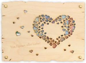 Kreative Feder Glückwunschkarte „Von Herzen alles Liebe“ - Glückwunsch-Karte aus Holz für alle Anlässe, Geschenk-Karte für Geldgeschenke, Größe ca.: 14,6 x 19,7cm