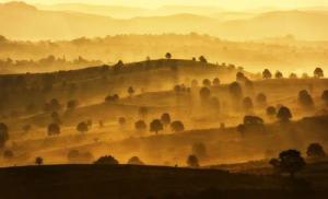 Papermoon Fototapete "BERGE-LANDSCHAFT DORF WIESE NEBEL GEBIRGE SONNE WALD"