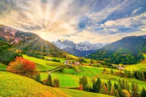 Papermoon Fototapete "SANTA MADDALENA-BERG DORF DOLOMITEN WIESE BLUMEN ALPEN"