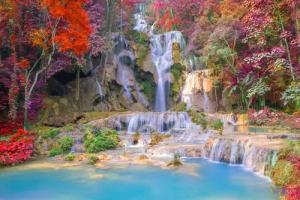 Papermoon Fototapete "WASSERFALL-BÄUME FLUSS SEE STEINE BLUMEN BERGE HERBST"