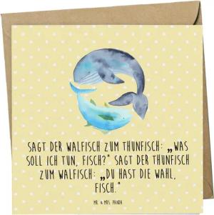 Mr. & Mrs. Panda Grußkarte Walfisch Thunfisch - Gelb Pastell - Geschenk, Karte, Grußkarte, lusti, Handgefertigt