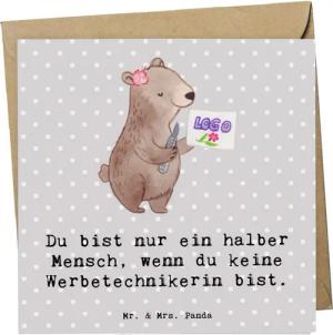 Mr. & Mrs. Panda Grußkarte Werbetechnikerin Herz - Grau Pastell - Geschenk, Hochwertige Grußkart, Inspirierende Sprüche