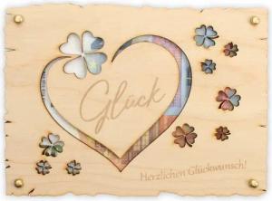 Kreative Feder Glückwunschkarte „Glücksklee“ - Glückwunsch-Karte aus Holz für alle feierlichen Anlässe, Geschenk-Karte für Geldgeschenke, Größe ca.: 14,6 x 19,7cm