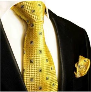 Paul Malone Krawatte Herren Seidenkrawatte und Tuch modern kariert goldene Krawatte Seide (Set, 2-St., Krawatte mit Einstecktuch) Schmal (6cm), gold 461