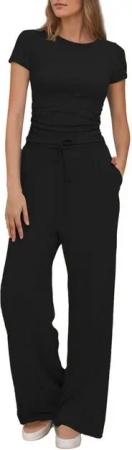 LUCKZON Freizeitanzug gerüschte Kurzarmoberteile und hoch taillierte Hosen mit weitem Bein, 2-teiliges Lounge-Set Trainingsanzug-Sets für Damen