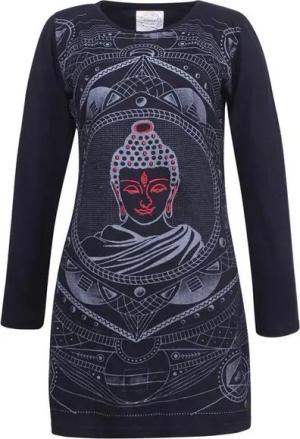 Vishes Midikleid Langarm Baumwollkleid Shirtkleid mit Buddha Druck Übergangskleid, Hippie Style
