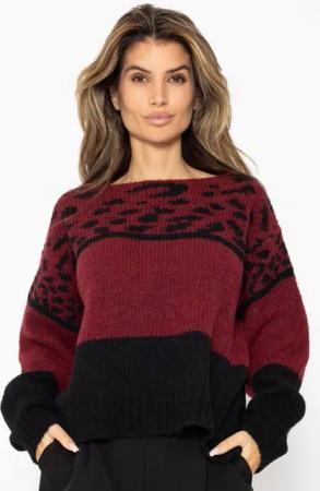 SASSYCLASSY Strickpullover Damen Oversized Strickpullover mit Leo-Print Lässiger Damen Leopardenpullover Schwarz Burgundy Khaki