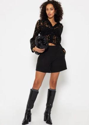 SASSYCLASSY Langarmbluse Transparente Damen Bluse aus Spitze Damen Bluse Schwarz im Glamour-Stil