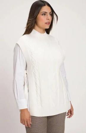 Ulla Popken Strickpullover Pullunder Zopfmuster Bindeband Stehkragen ärmellos
