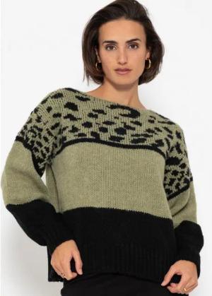 SASSYCLASSY Strickpullover Damen Oversized Strickpullover mit Leo-Print Lässiger Damen Leopardenpullover Schwarz Burgundy Khaki