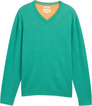 TOM TAILOR Herren Strickpullover mit V-Ausschnitt aus Baumwolle, grün, Meliert, Gr. L