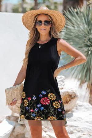 Schwarzes ärmelloses Minikleid mit Blumenstickerei