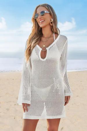Weißes gehäkeltes Mini-Strandkleid mit ausgestellten Ärmeln