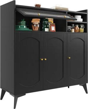 HAUSS SPOLE Sideboard mit Glastür und goldenem Griff, multifunktionales Möbel für Esszimmer (Kommode, Anrichte, Wohnzimmerschrank, 1 St., 4 Türen, 2 offene Fächer), mit Glastür und goldenem Griff