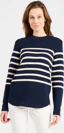 Segelpullover Damen Strick 100 dunkelblau/beige gestreift